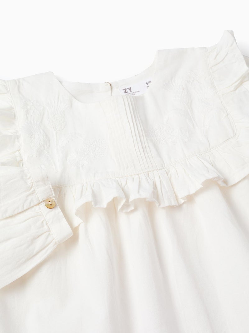 Chemisier en Coton avec Volants et Broderies Blanc - Kiabi