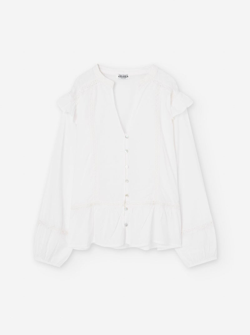 Chemisier en Coton avec Volants et Crochet Blanc - Kiabi