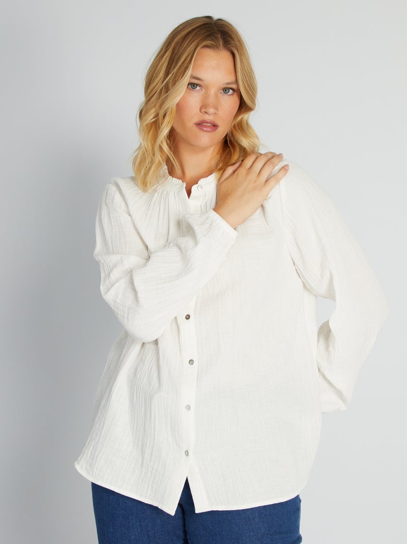 Chemisier en coton col avec volants blanc - Kiabi