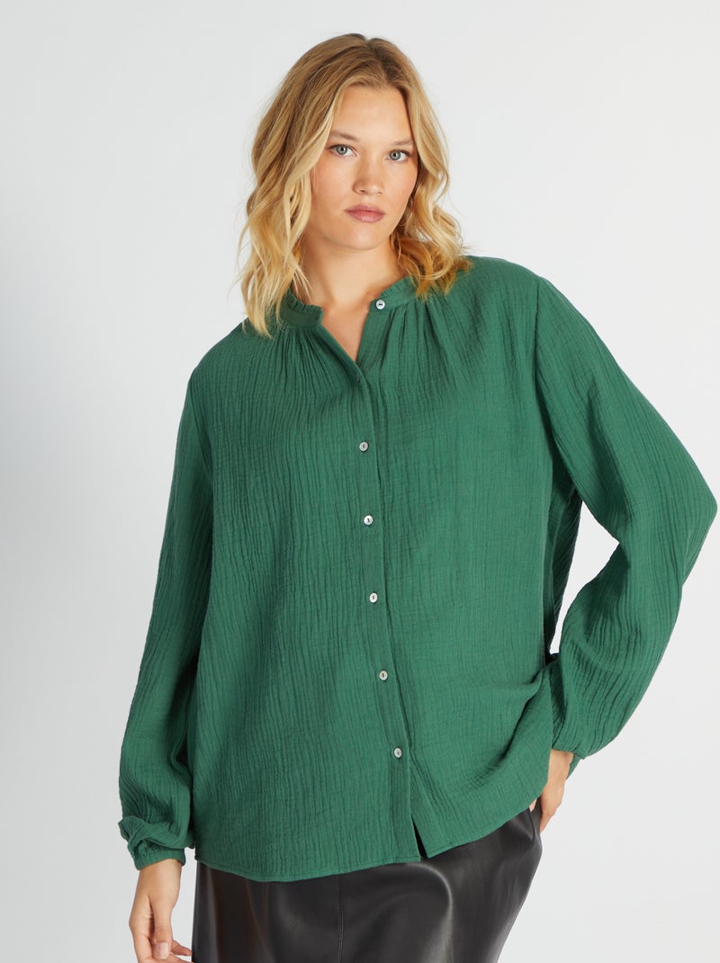 Chemisier en coton col avec volants Vert - Kiabi