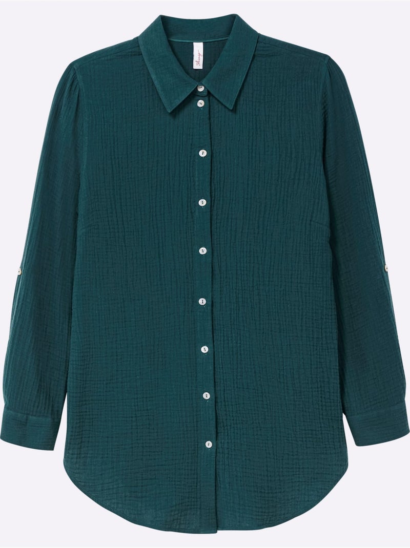 Chemisier en coton col chemisier moderne - taille standard - sheego Bleu pétrole - Kiabi