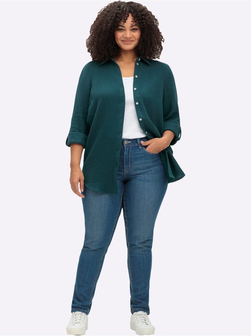 Chemisier en coton col chemisier moderne - taille standard - sheego Bleu pétrole - Kiabi