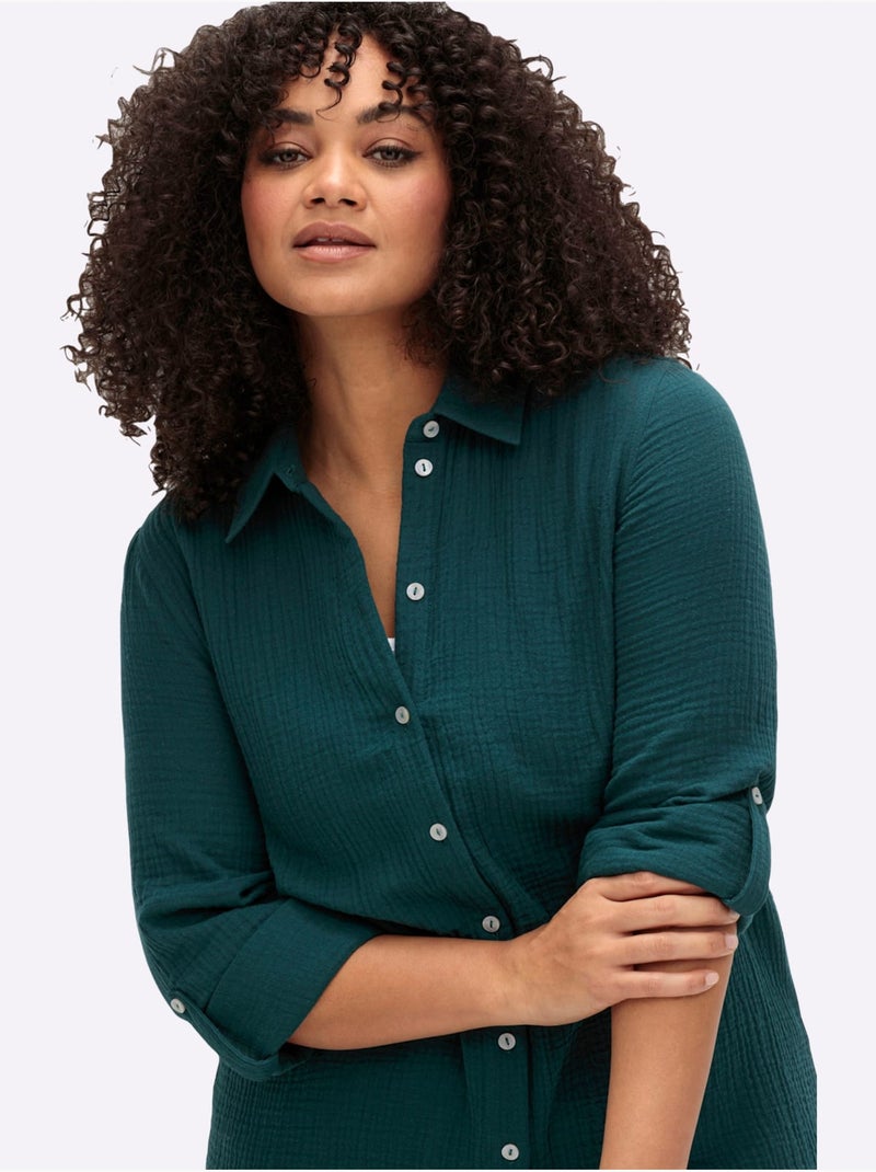 Chemisier en coton col chemisier moderne - taille standard - sheego Bleu pétrole - Kiabi