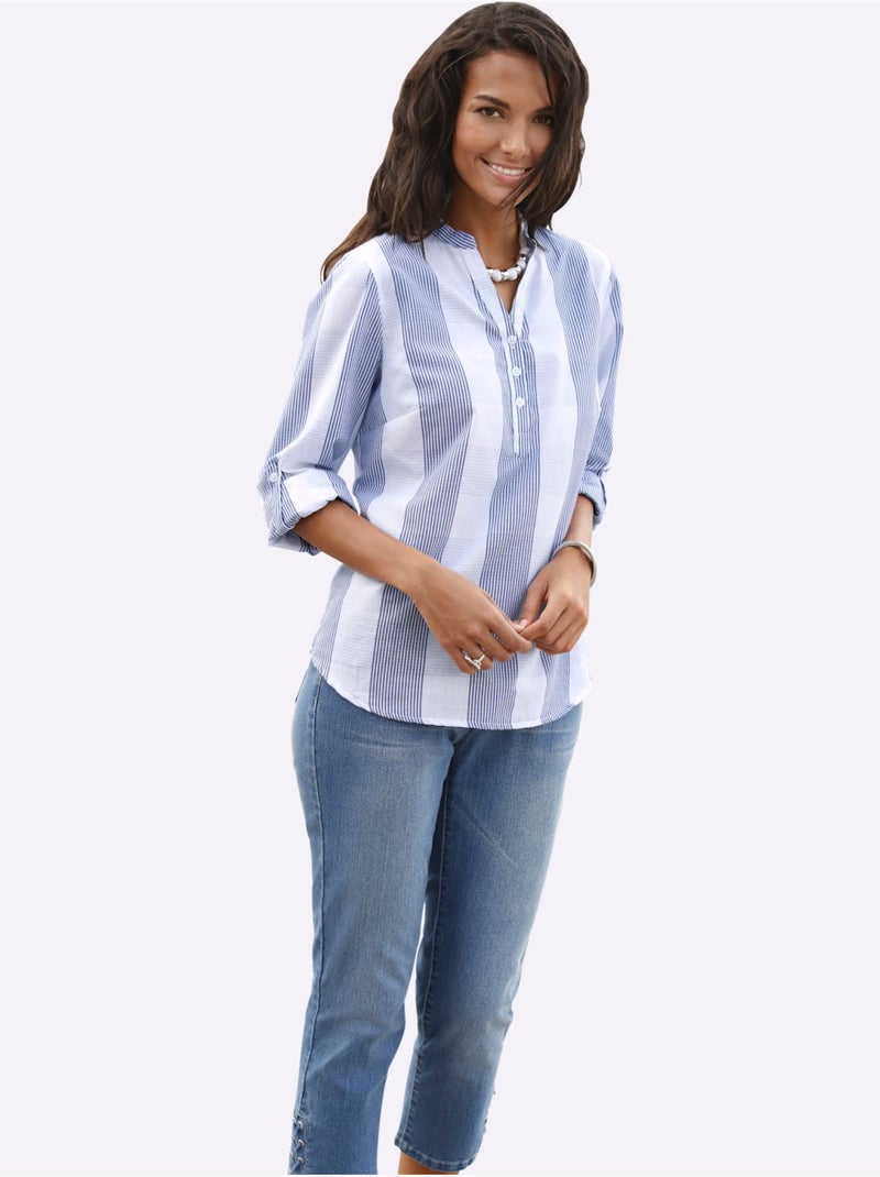 Chemisier En Coton Coupe Droite Flatteuse - Taille Standard - Witt Bleu Blanc - Kiabi