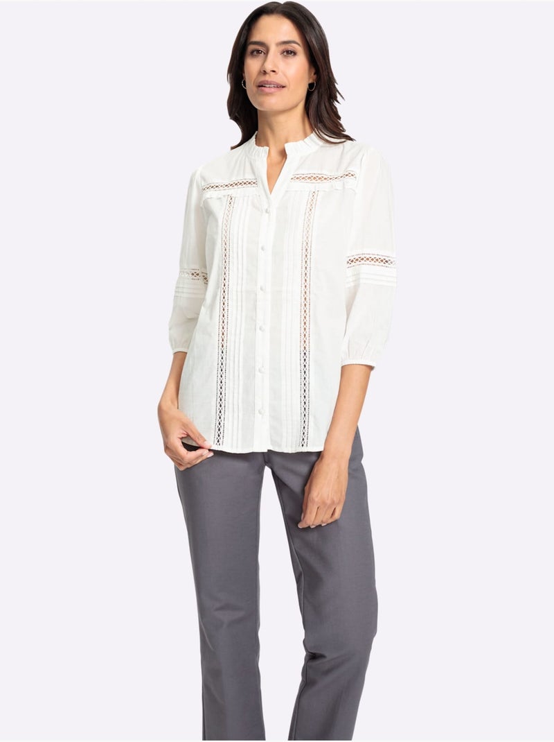 Chemisier En Coton Détails Transparents En Dentelle - Taille Standard - Witt Ecru - Kiabi