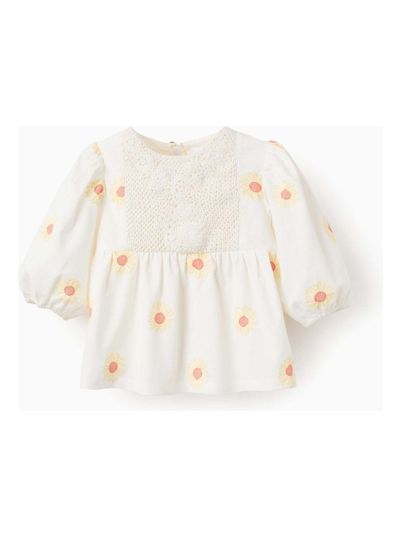 Chemisier en Coton et Lin avec Fleurs et Crochet Beige clair - Kiabi