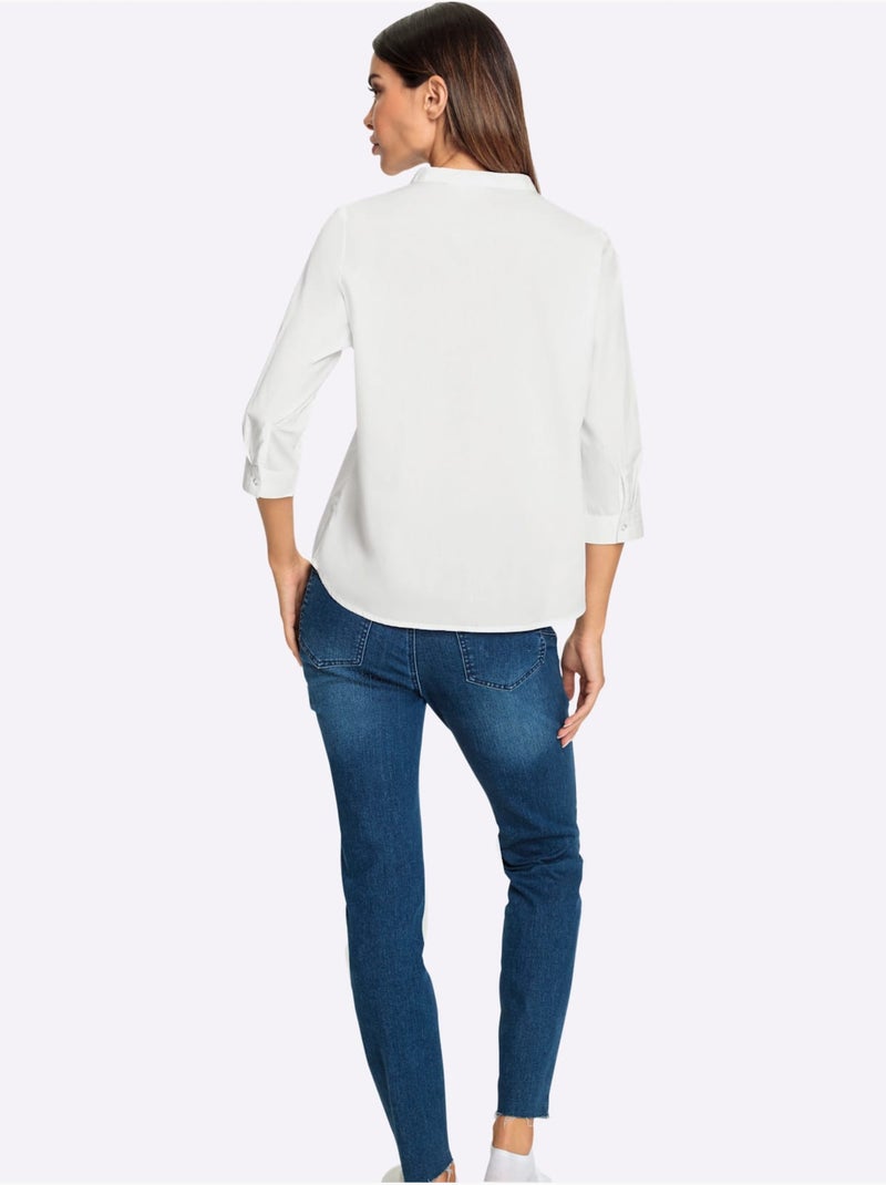 Chemisier En Coton Joli Col Montant Avec Encolure En V - Taille Standard - Helline Blanc - Kiabi