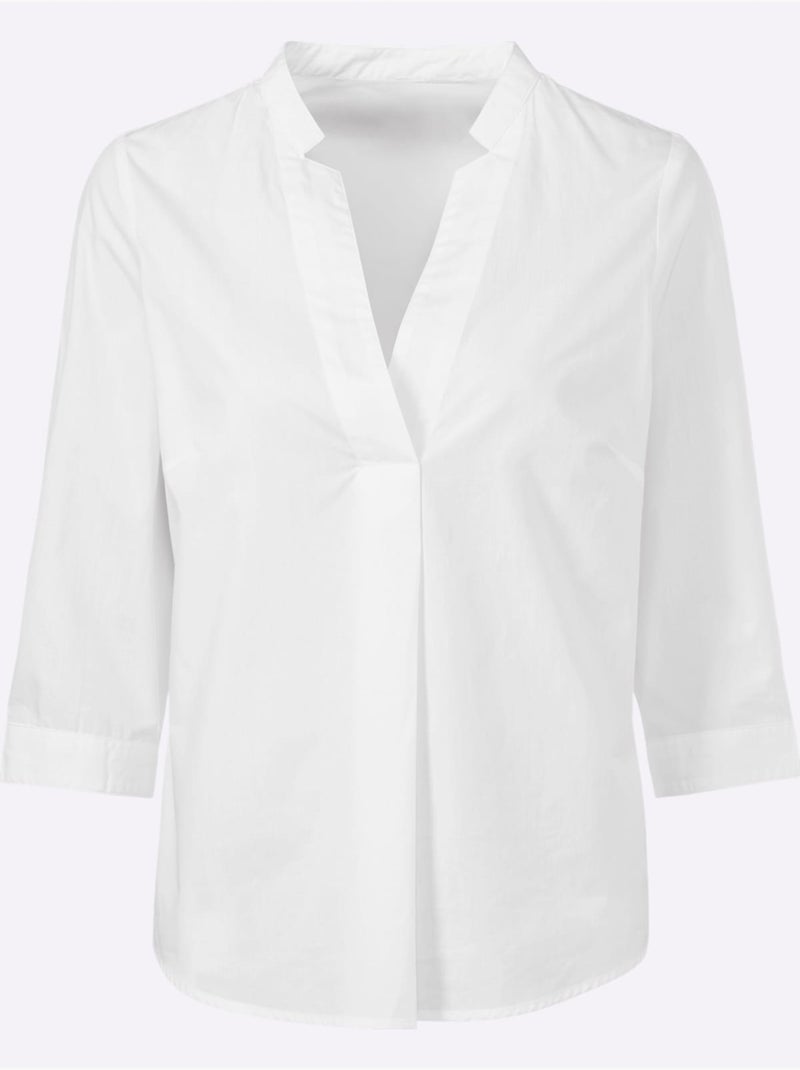 Chemisier En Coton Joli Col Montant Avec Encolure En V - Taille Standard - Helline Blanc - Kiabi