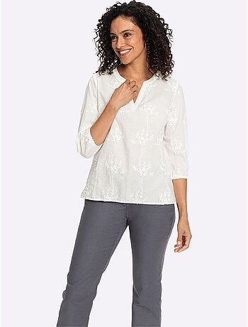 Chemisier en pur coton avec broderie florale et manches 3/4 - Taille standard - Witt