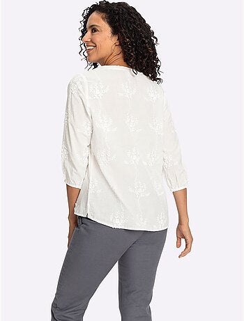 Chemisier en pur coton avec broderie florale et manches 3/4 - Taille standard - Witt
