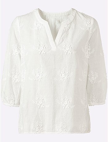 Chemisier en pur coton avec broderie florale et manches 3/4 - Taille standard - Witt