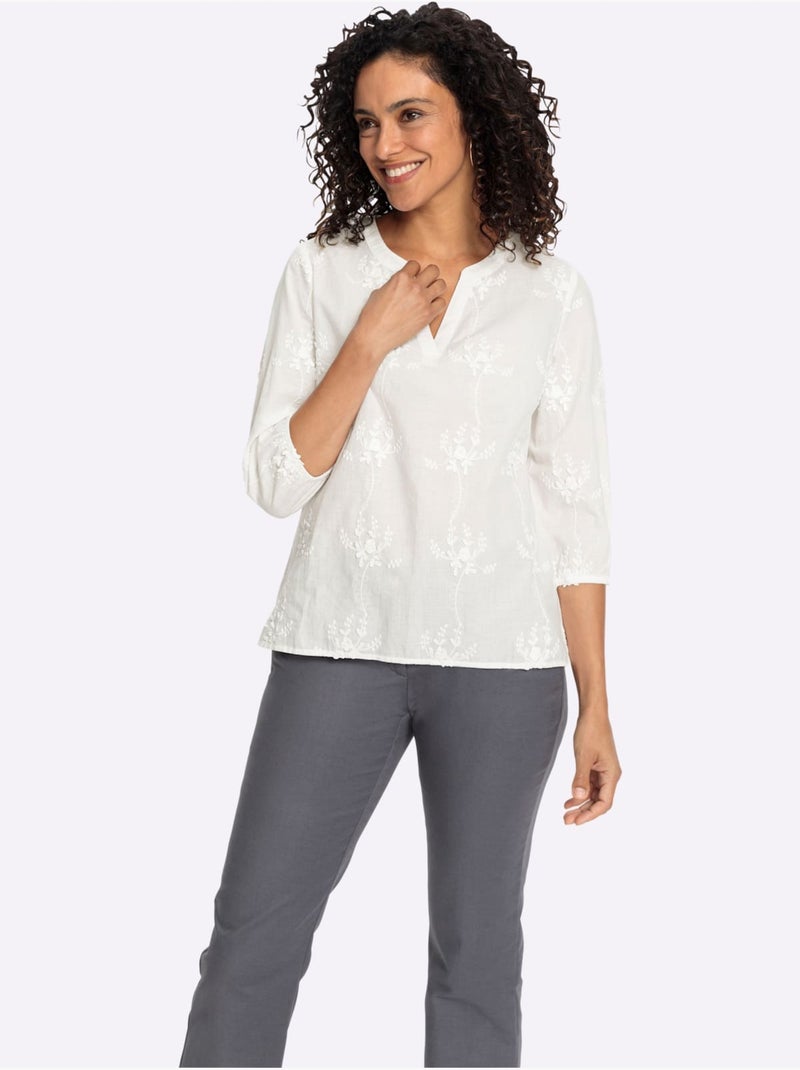 Chemisier en coton pur avec broderie florale et col en V - Taille standard - Witt Ecru - Kiabi