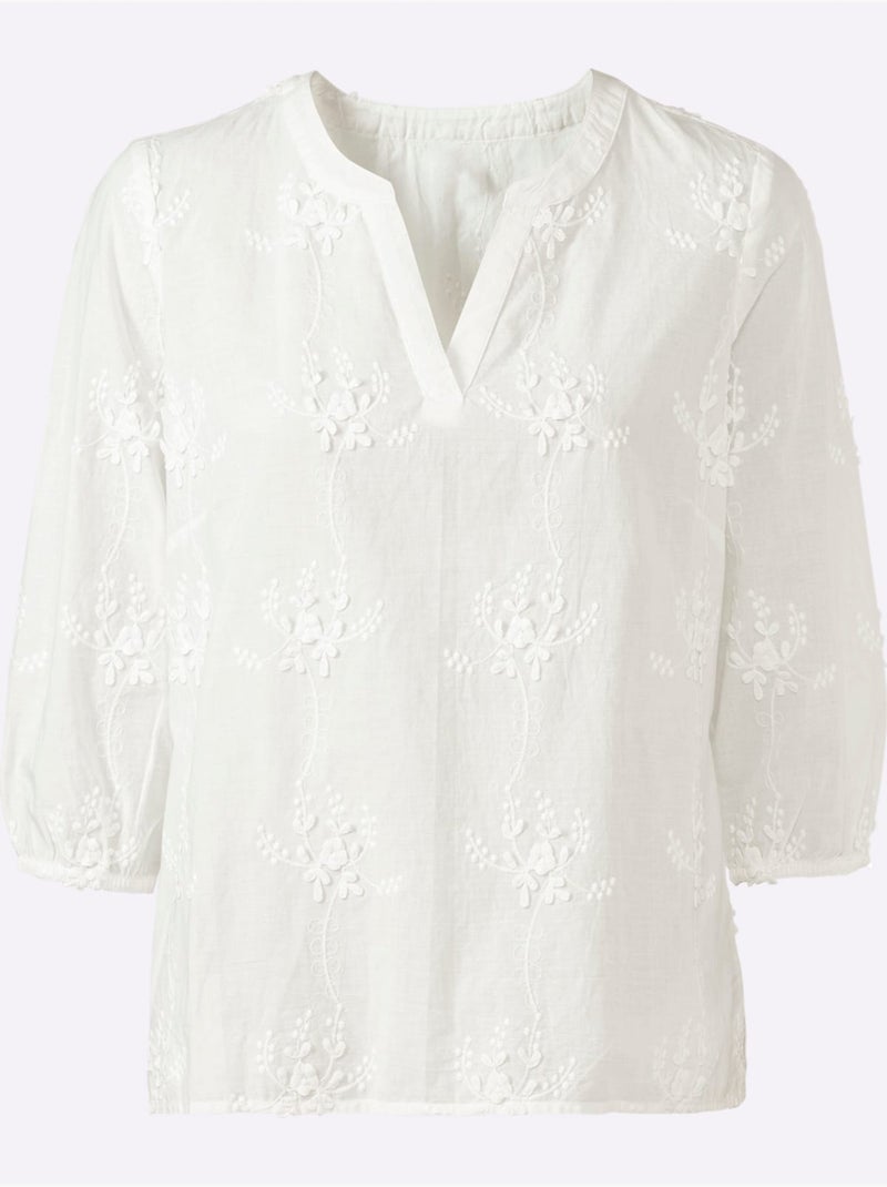 Chemisier en coton pur avec broderie florale et col en V - Taille standard - Witt Ecru - Kiabi