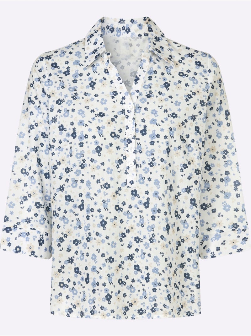 Chemisier En Coton Tricot Décontracté - Taille Standard - Witt Bleu Ecru - Kiabi