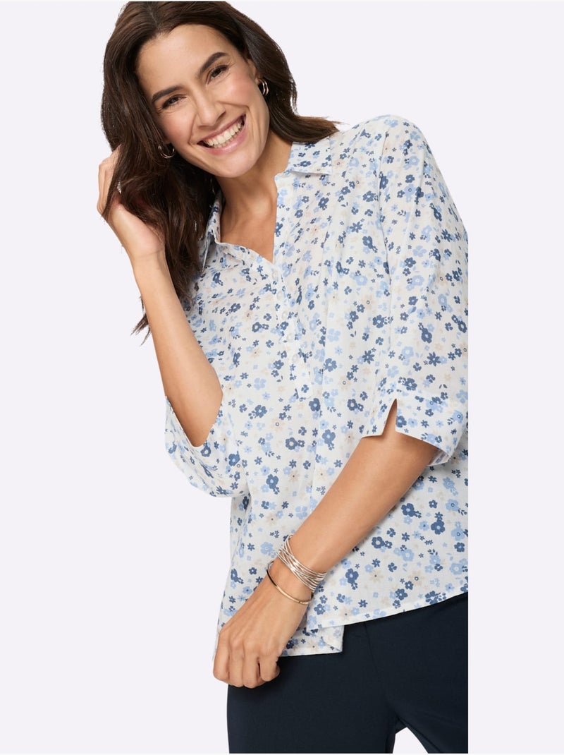 Chemisier En Coton Tricot Décontracté - Taille Standard - Witt Bleu Ecru - Kiabi