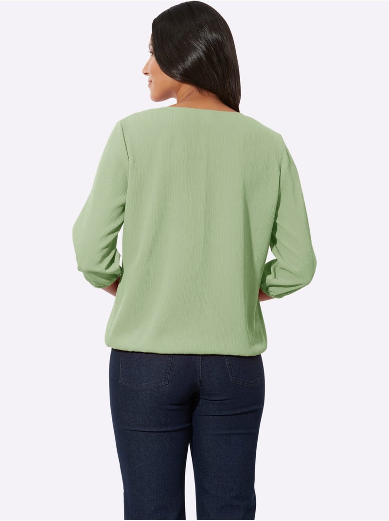 Chemisier en crêpe à col V et manches 3/4 froissé - Taille standard - Moda Vilona Vert eucalyptus - Kiabi