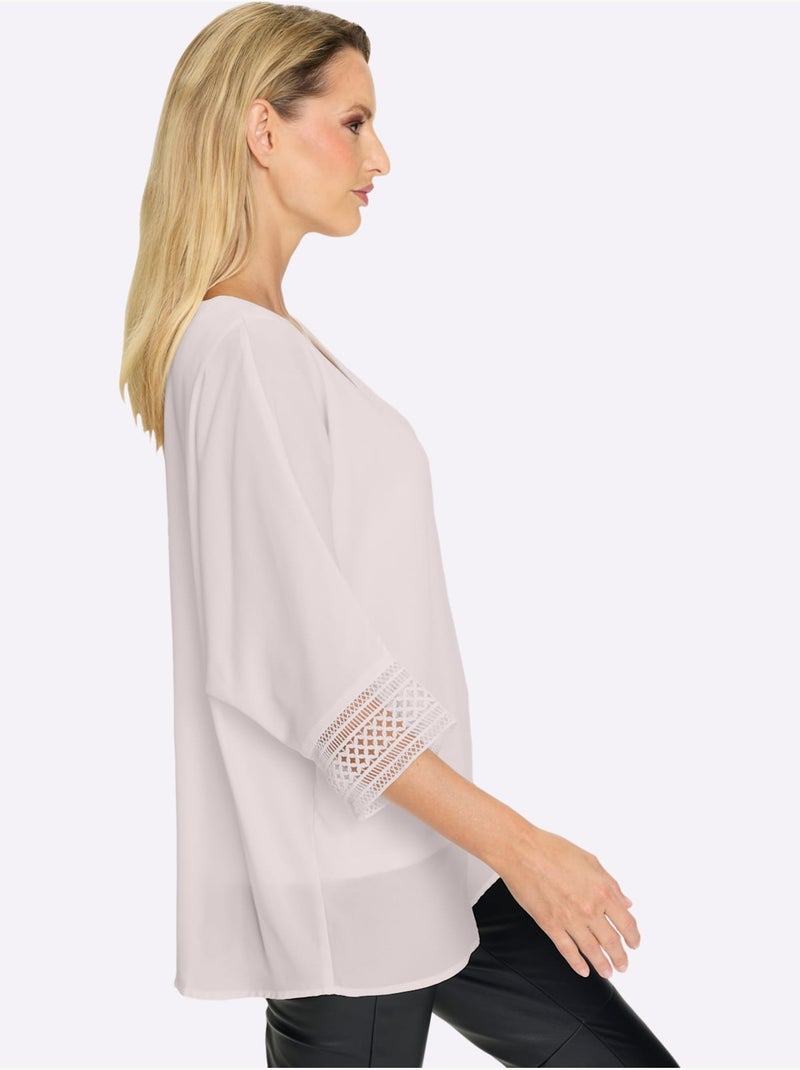Chemisier En Crêpe Dentelle Décorative Aux Manches - Taille Standard - Helline Ecru - Kiabi