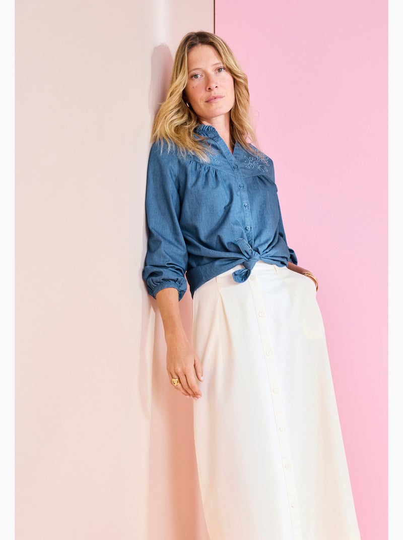 Chemisier en denim brodé - Damart Bleu denim - Kiabi