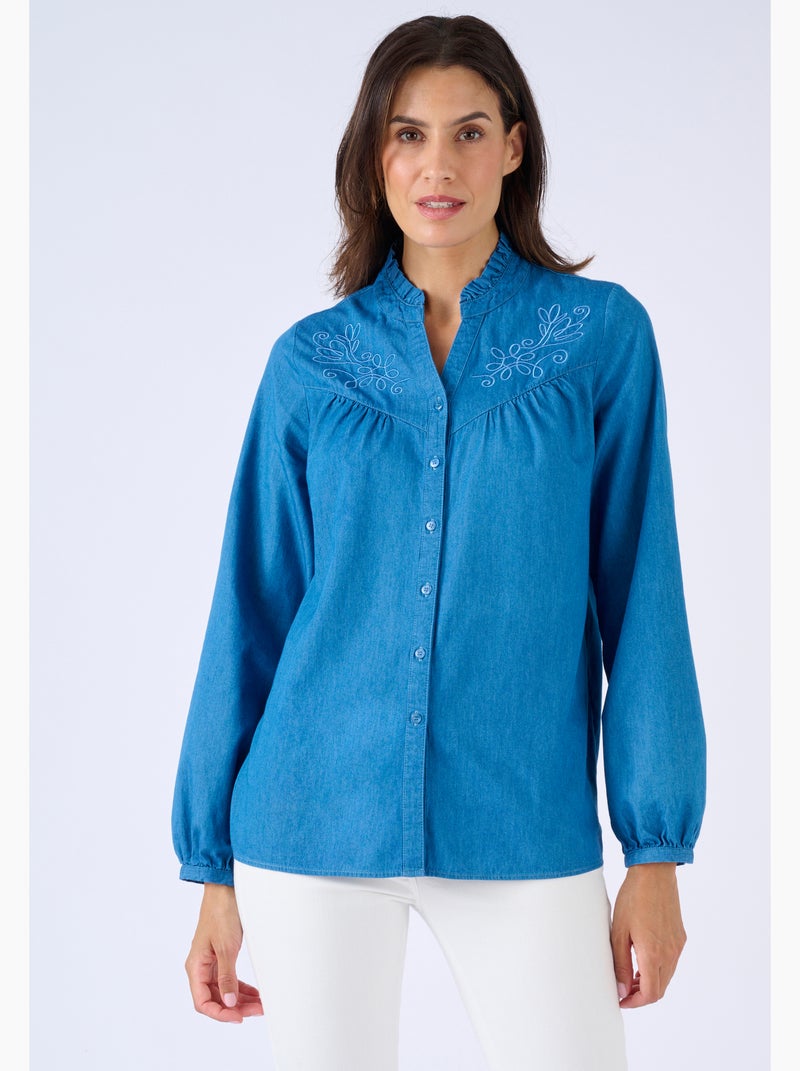 Chemisier en denim brodé - Damart Bleu denim - Kiabi