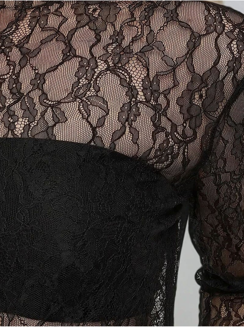 Chemisier en dentelle à col rond Noir - Kiabi