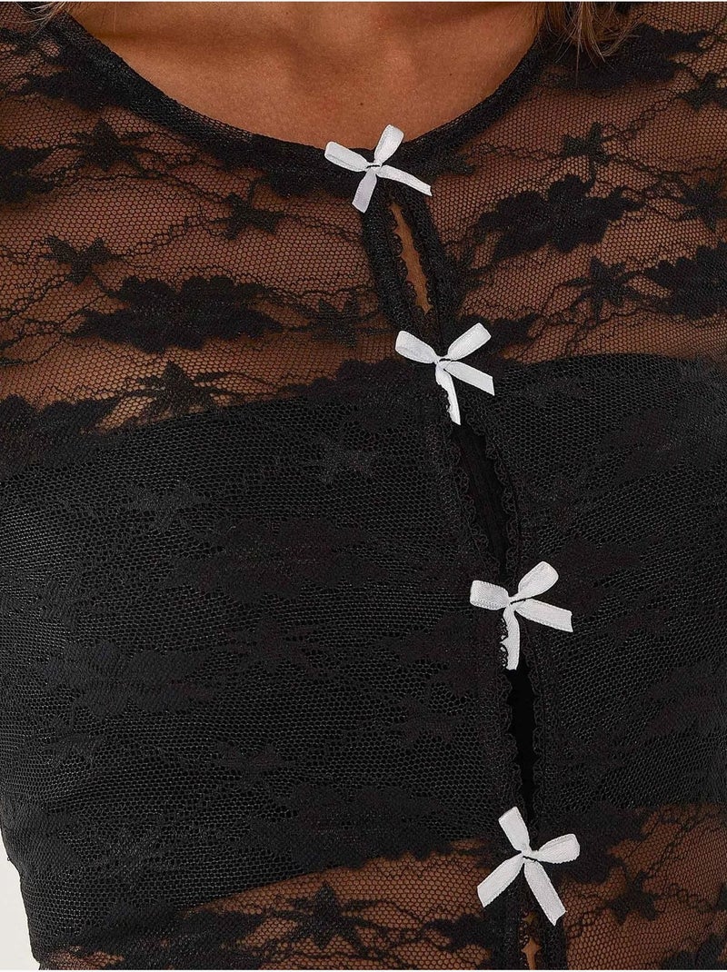 Chemisier en dentelle avec détail nœud Noir - Kiabi
