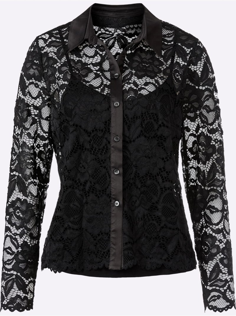 Chemisier en dentelle dentelle florale légèrement transparente - taille standard - helline Noir - Kiabi