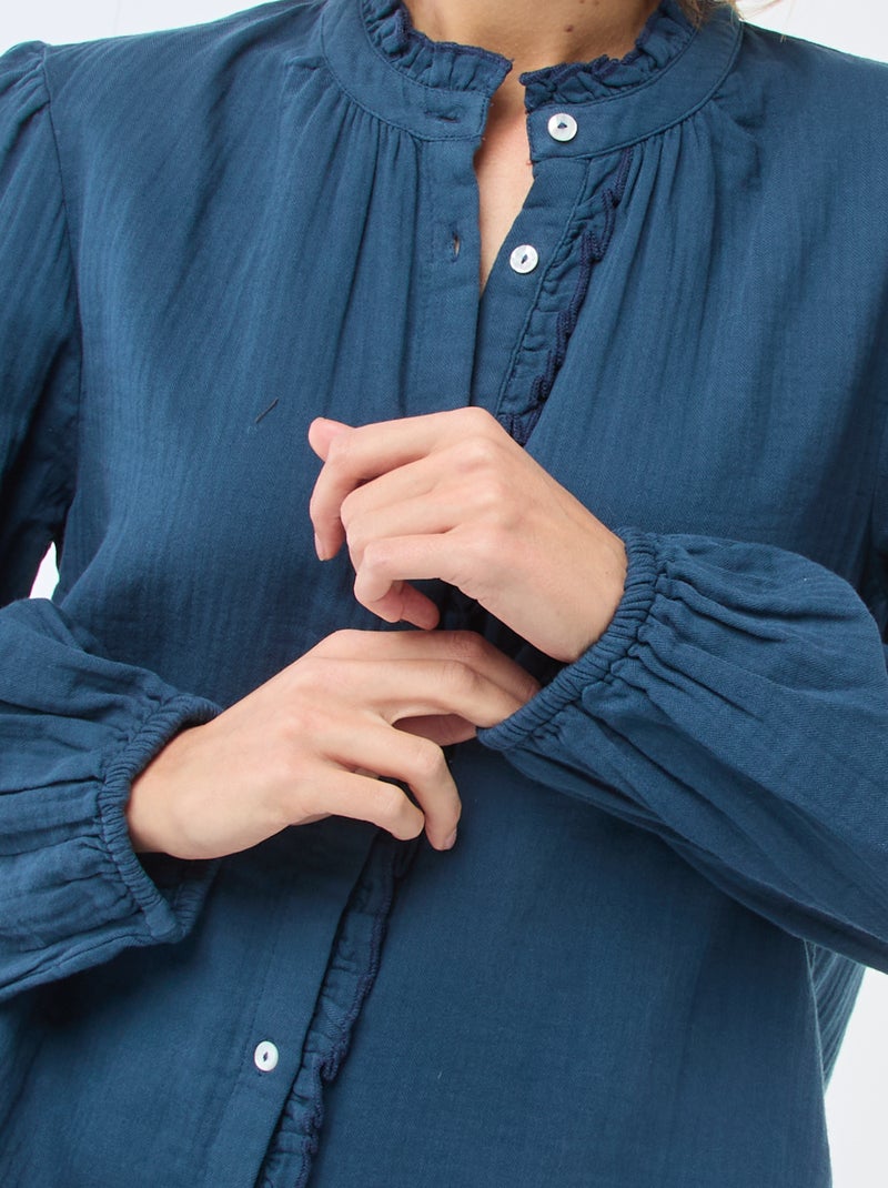 Chemisier en gaze de coton avec bords ondulés Bleu - Kiabi