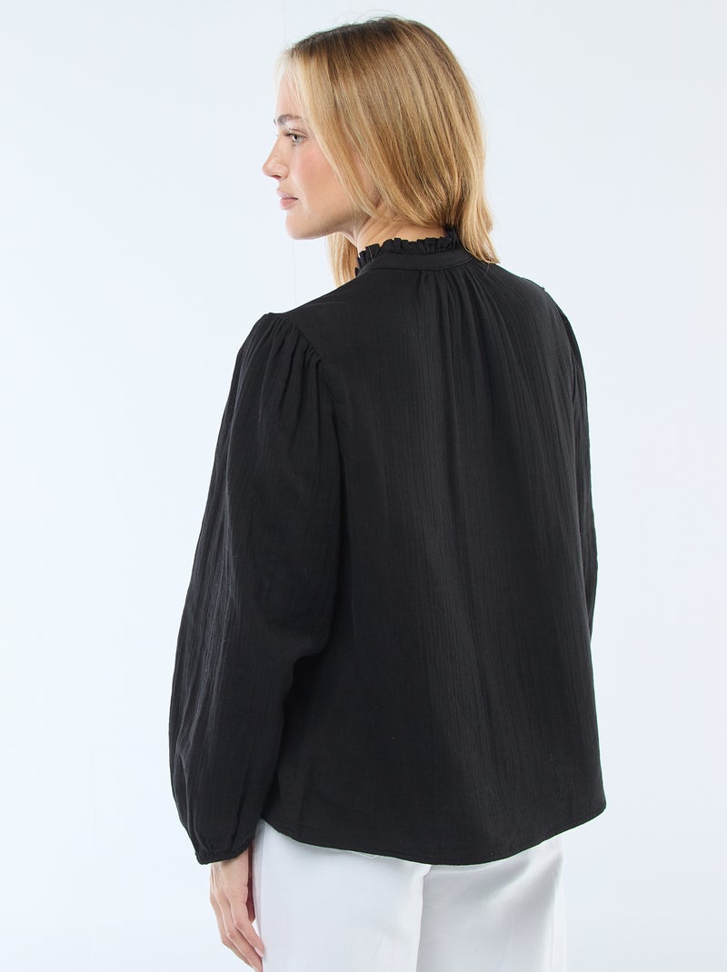 Chemisier en gaze de coton avec bords ondulés Noir - Kiabi