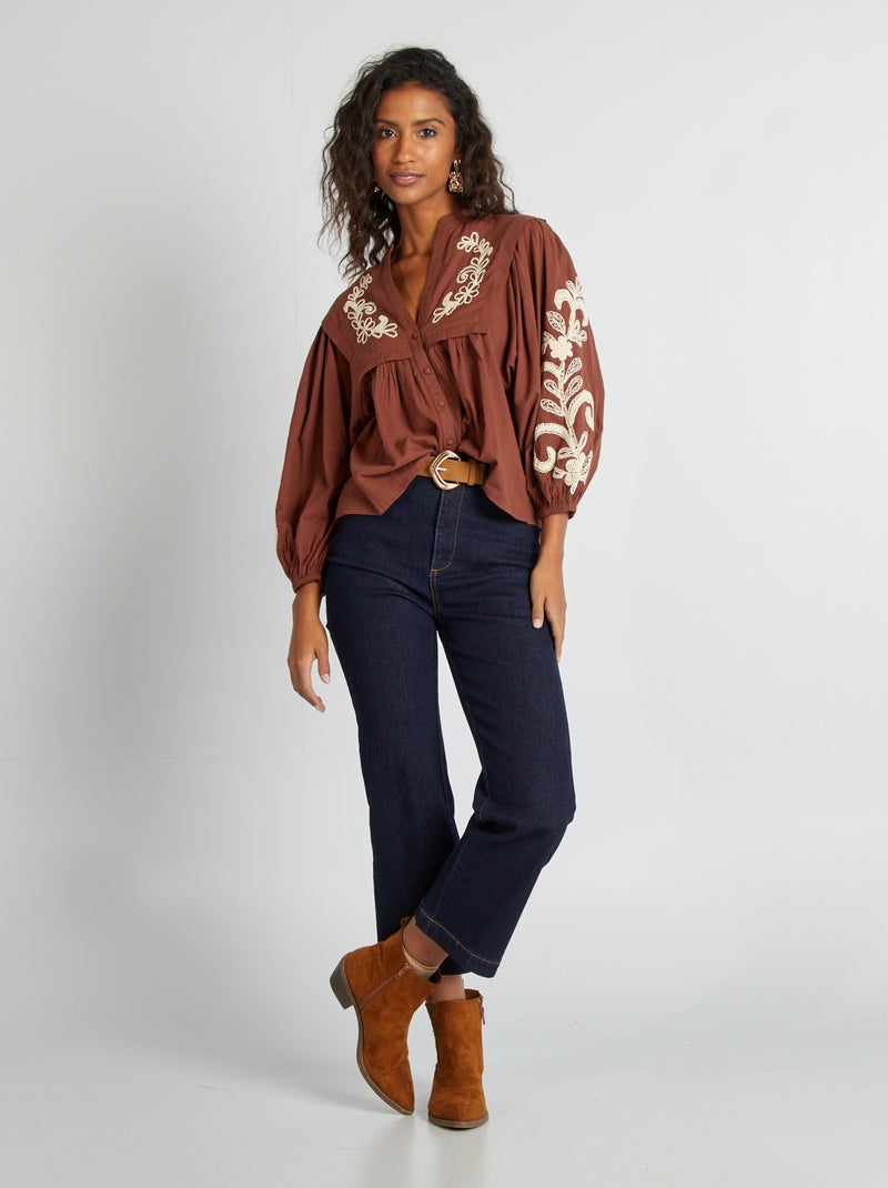 Chemisier en gaze de coton avec broderie Marron - Kiabi