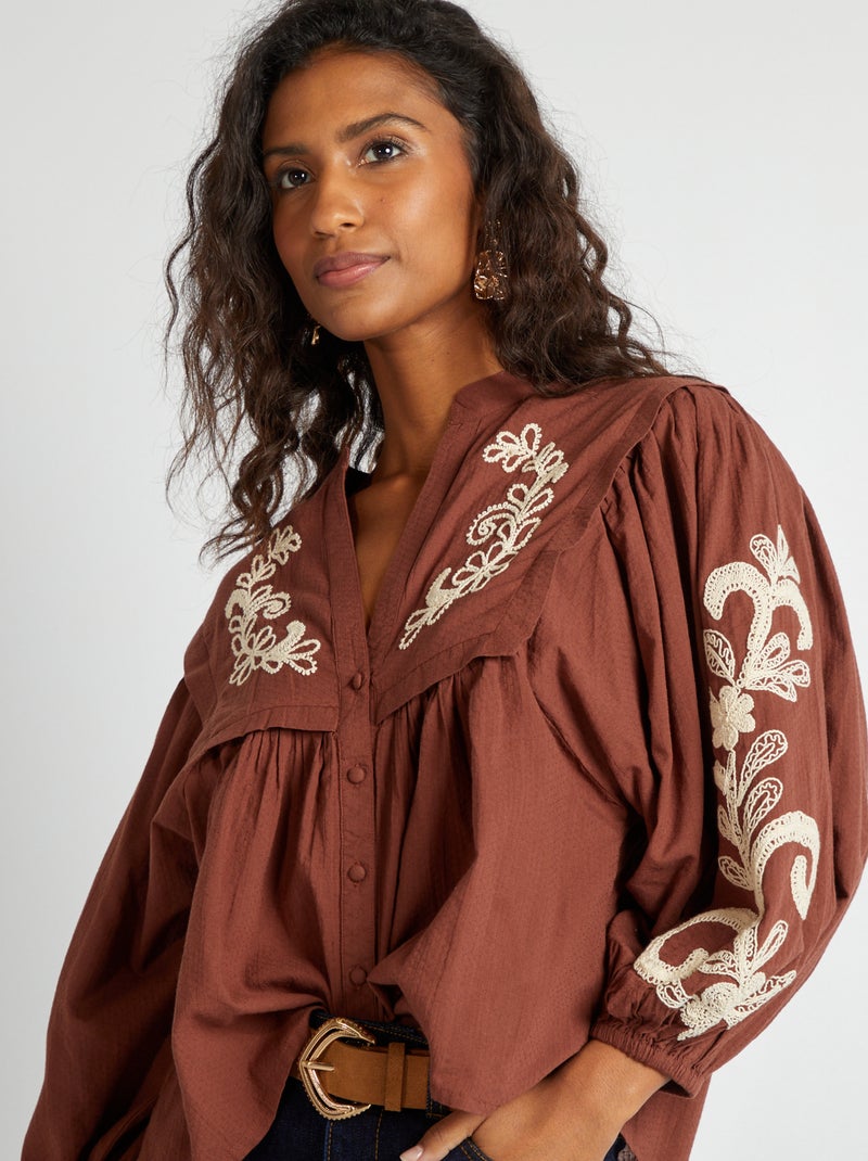 Chemisier en gaze de coton avec broderie Marron - Kiabi