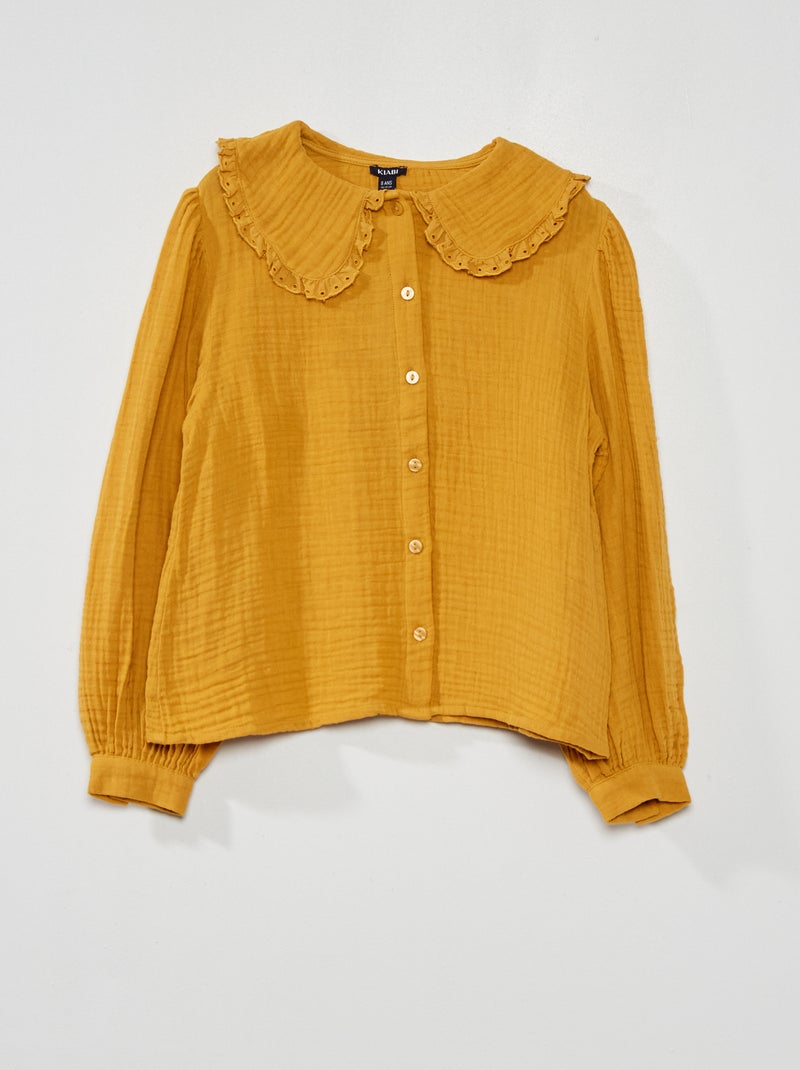Chemisier en gaze de coton avec col Beige moutarde - Kiabi