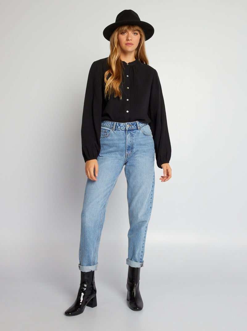 Chemisier en gaze de coton col montant noir - Kiabi