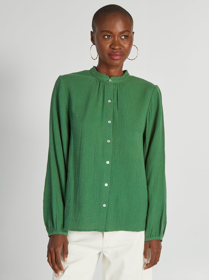 Chemisier en gaze de coton col montant Vert - Kiabi