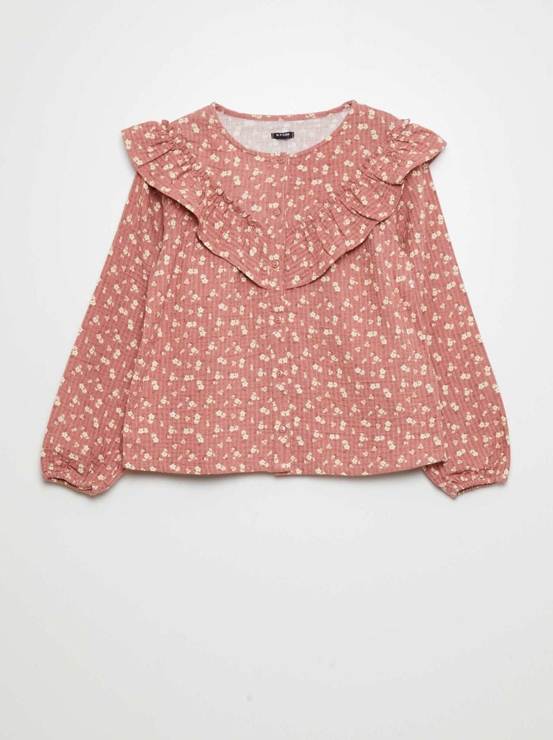 Chemisier en gaze de coton et empiècement volanté Rose fleuri - Kiabi