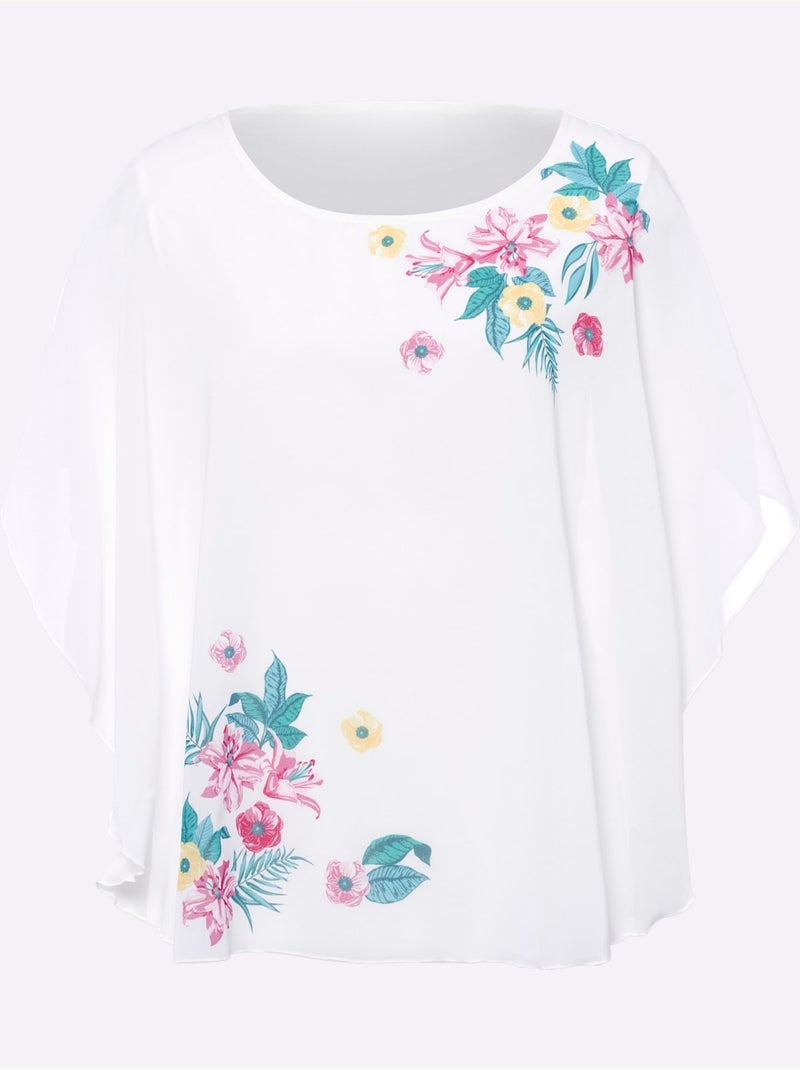 Chemisier En Georgette : Jersey Et Partie Tissée Légère - Taille Standard - Moda Vilona Blanc Rose - Kiabi