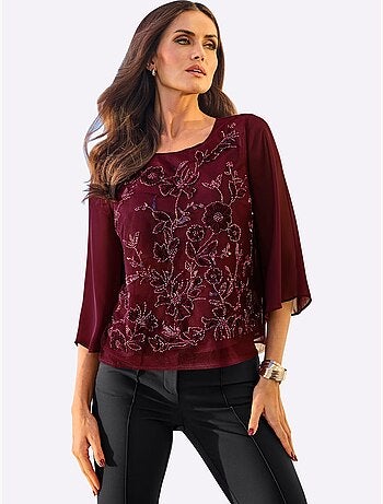 Chemisier en georgette jolie broderie florale avec perles décoratives - taille standard - helline