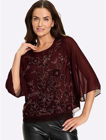 Chemisier en georgette jolie broderie florale avec perles décoratives - taille standard - helline