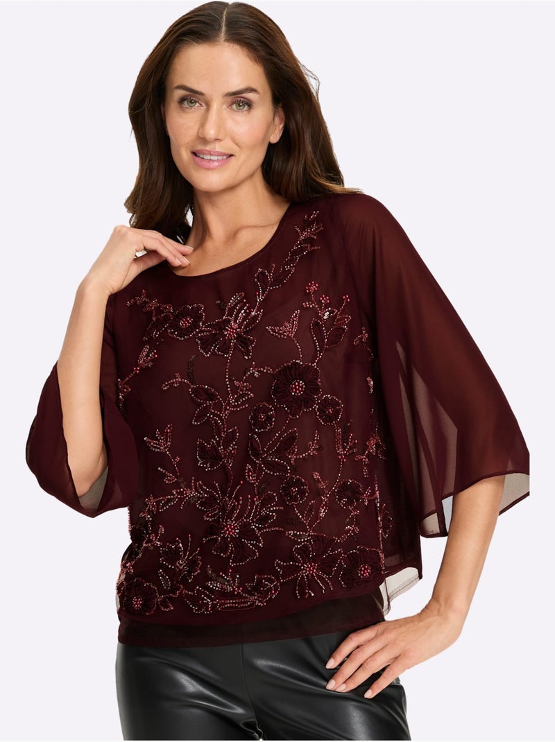 Chemisier en georgette jolie broderie florale avec perles décoratives - taille standard - helline Bordeaux - Kiabi