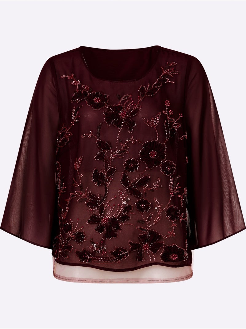Chemisier en georgette jolie broderie florale avec perles décoratives - taille standard - helline Bordeaux - Kiabi