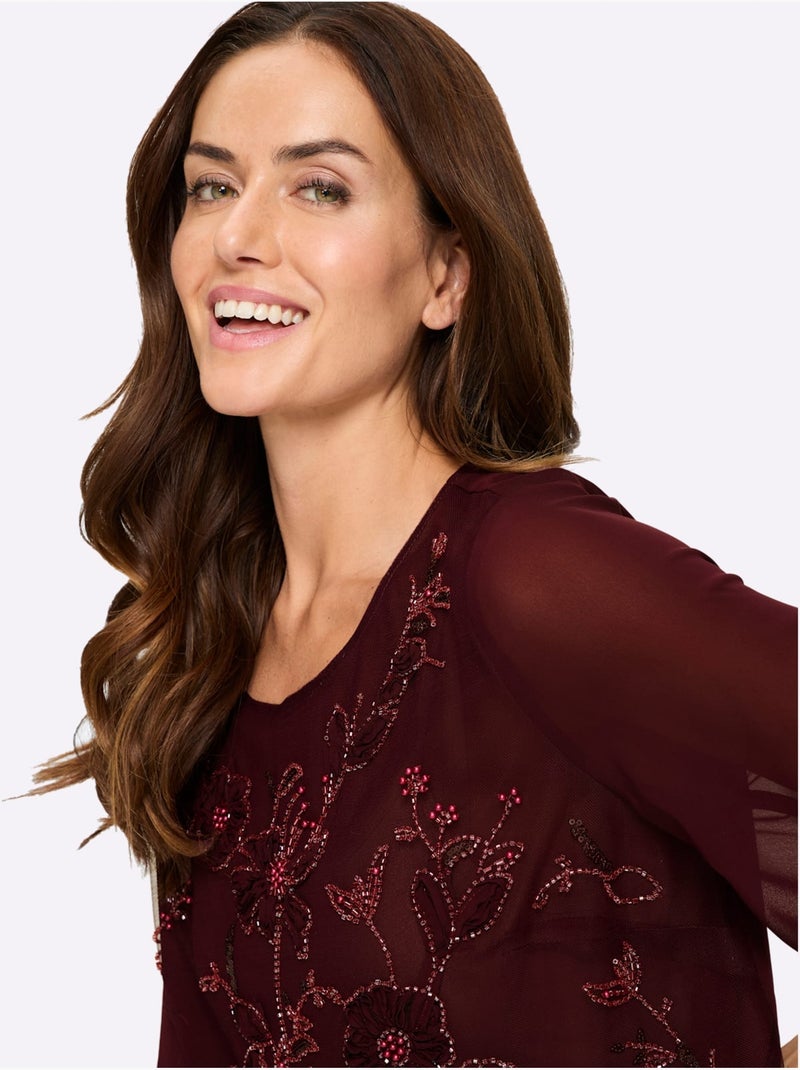 Chemisier en georgette jolie broderie florale avec perles décoratives - taille standard - helline Bordeaux - Kiabi
