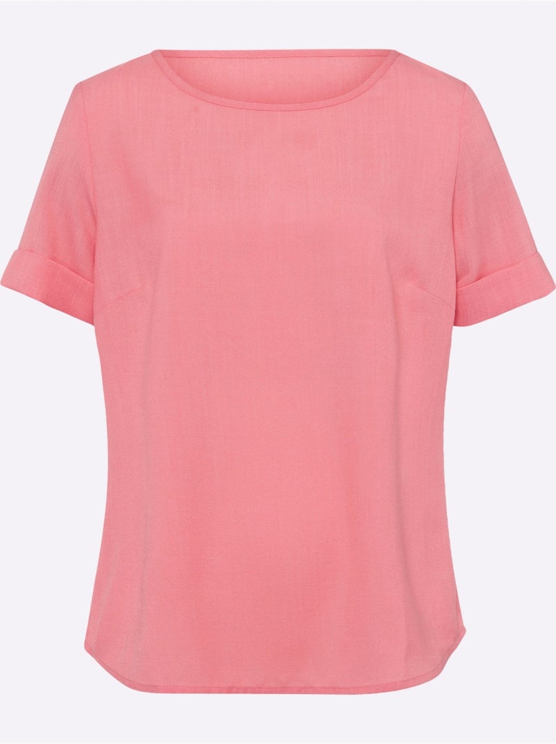 Chemisier en imitation lin à col rond et manches courtes - Taille standard - Moda Vilona Rose - Kiabi