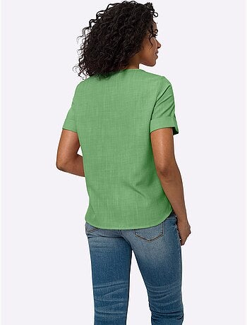 Chemisier en imitation lin à encolure ronde et manches retroussées - Taille standard - Moda Vilona