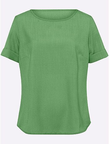 Chemisier en imitation lin à encolure ronde et manches retroussées - Taille standard - Moda Vilona