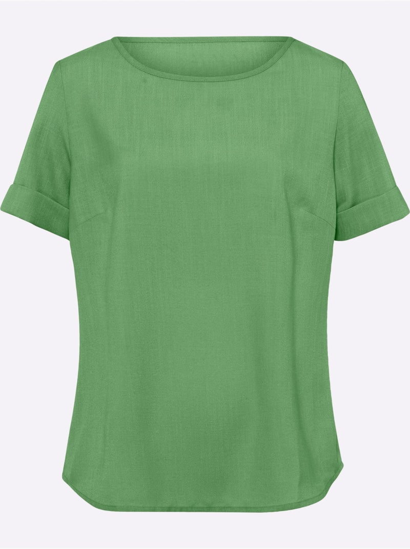 Chemisier en imitation lin à encolure ronde et manches retroussées - Taille standard - Moda Vilona Vert clair - Kiabi