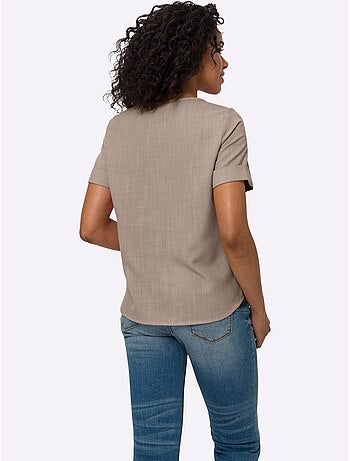 Chemisier en imitation lin à col rond et manches courtes - Taille standard - Moda Vilona
