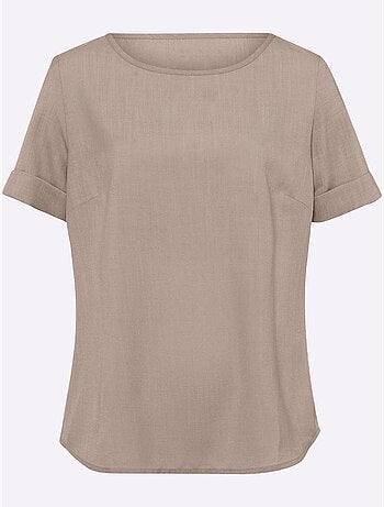 Chemisier en imitation lin à col rond et manches courtes - Taille standard - Moda Vilona