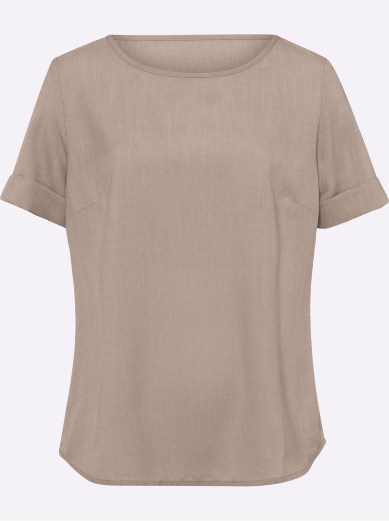Chemisier en imitation lin avec col rond et manches roulottées - Taille standard - Moda Vilona Beige - Kiabi