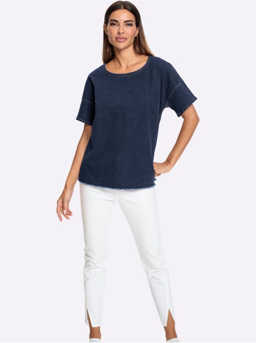 Chemisier en jean ample encolure ronde et manches courtes - Taille standard - Helline - Kiabi Chemisier en jean ample encolure ronde et manches courtes - Taille standard - Helline - Kiabi