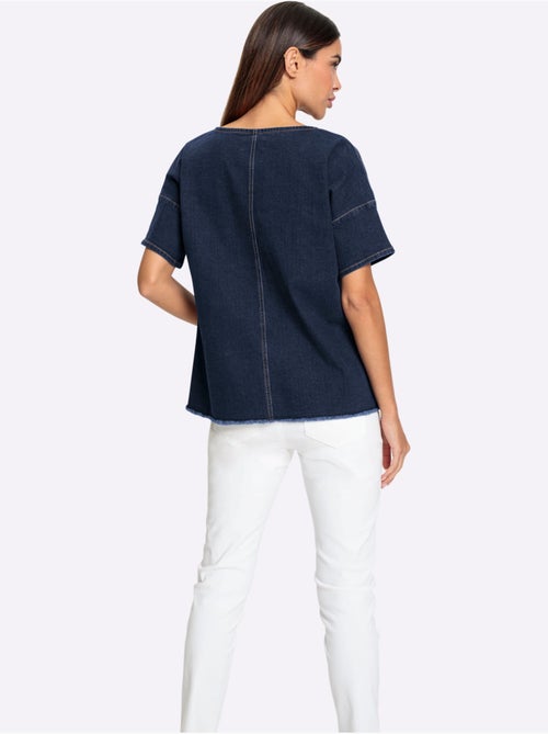 Chemisier en jean ample encolure ronde et manches courtes - Taille standard - Helline - Kiabi Chemisier en jean ample encolure ronde et manches courtes - Taille standard - Helline - Kiabi
