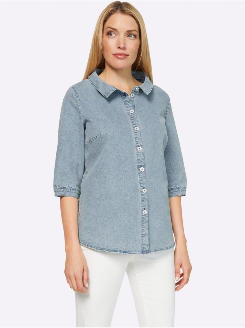 Chemisier En Jean Col à Revers élégant - Taille Standard - Helline Bleu Blanc - Kiabi